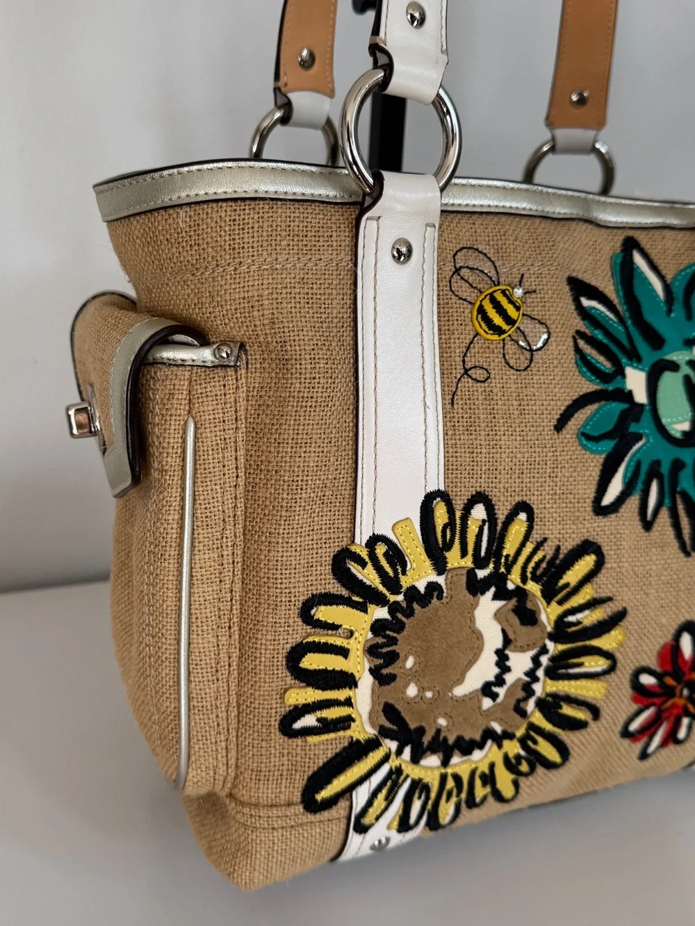 Coach Limited Edition Bumble Bee Floral Tote with White Trim and Green Interior
